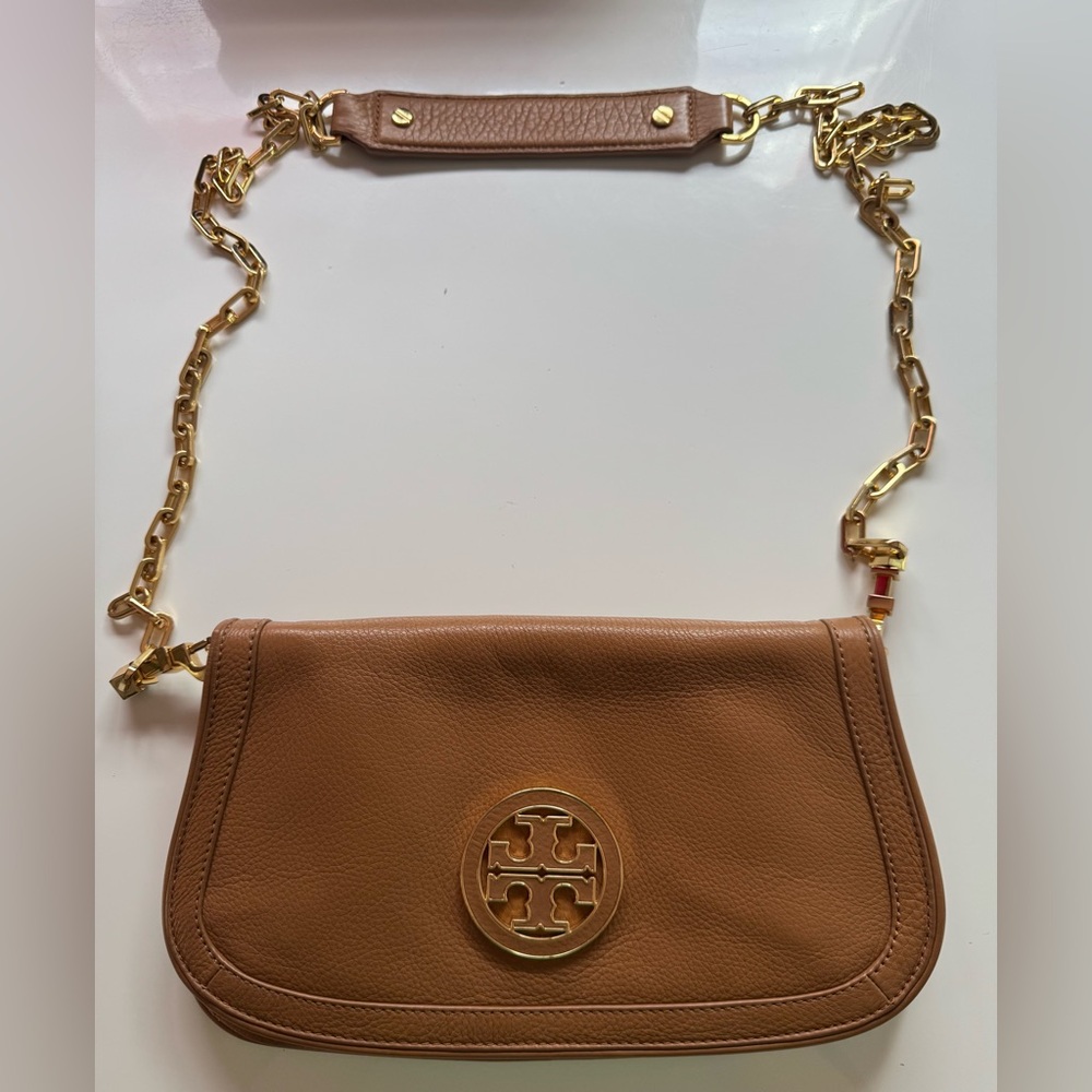 Tory Burch Amanda Tan Leather Crossbody with Gold Chain